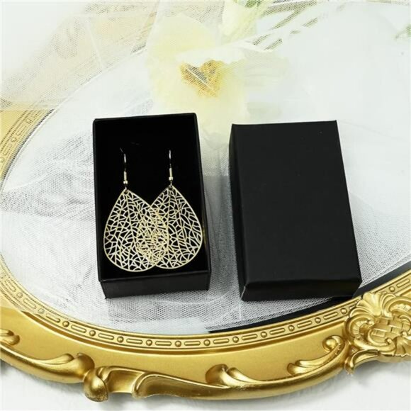 Gold teardrop dangle earrings 14K plated filigree lightweight hypoallergenic - Picture 6 of 7